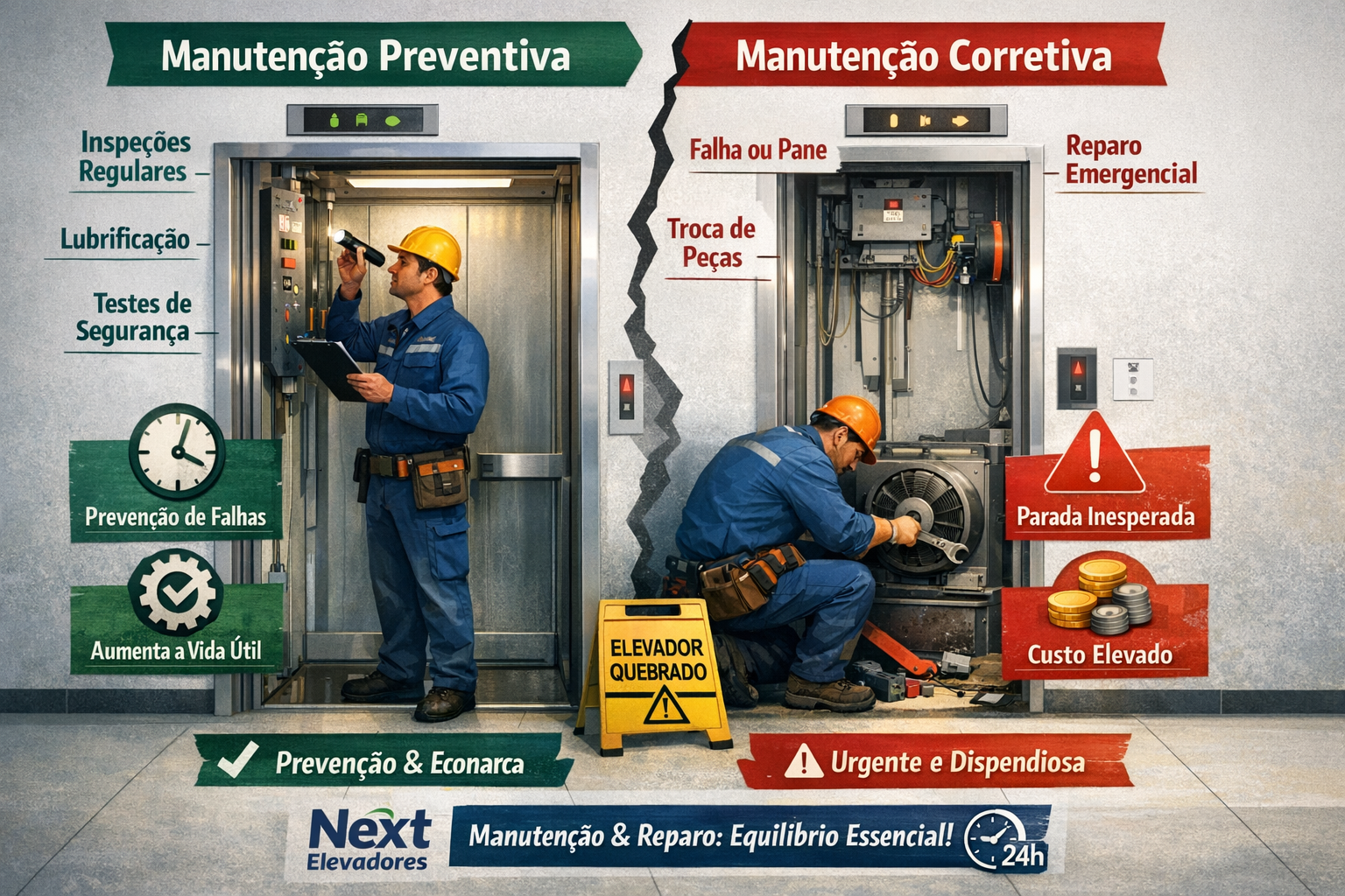 Diferença entre manutenção preventiva e corretiva de elevadores